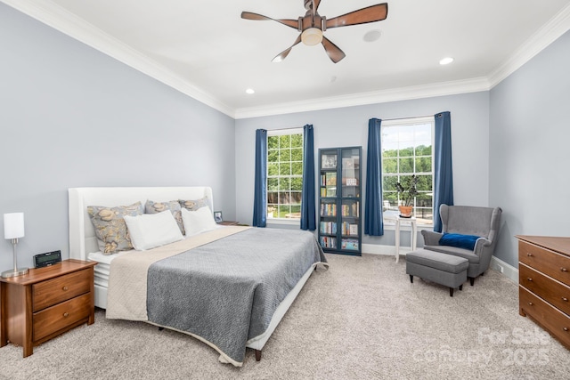 bedroom with ornamental molding, light carpet, baseboards, recessed lighting, and a ceiling fan