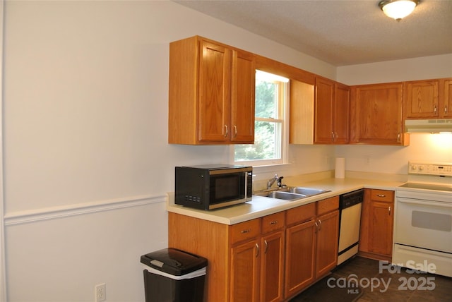 177 Line Dr, Forest City, NC 28043 - kitchen featuring brown cabinets, a sink, light countertops, under cabinet range hood, and white appliances