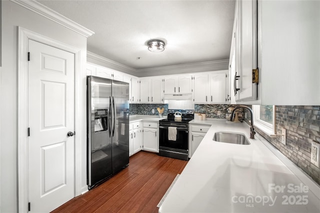 kitchen featuring black range with electric cooktop, stainless steel refrigerator with ice dispenser, under cabinet range hood, tasteful backsplash, and a sink
