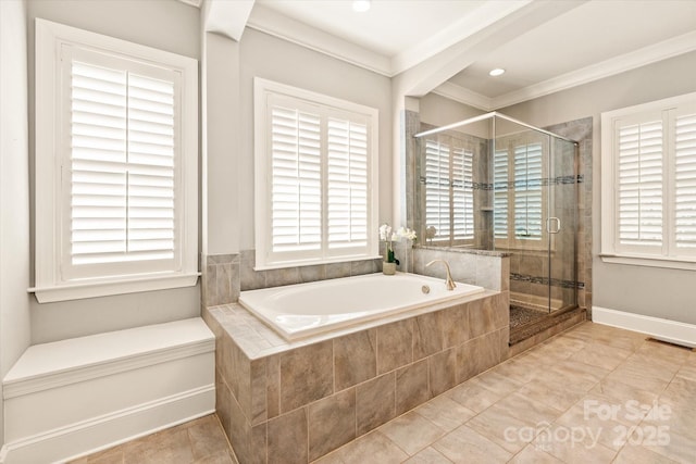 bathroom with a bath, visible vents, tile patterned flooring, a shower stall, and ornamental molding