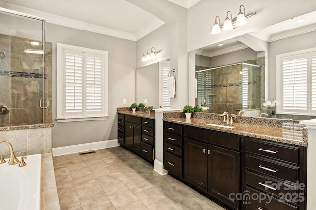 bathroom featuring a sink, a stall shower, and a healthy amount of sunlight