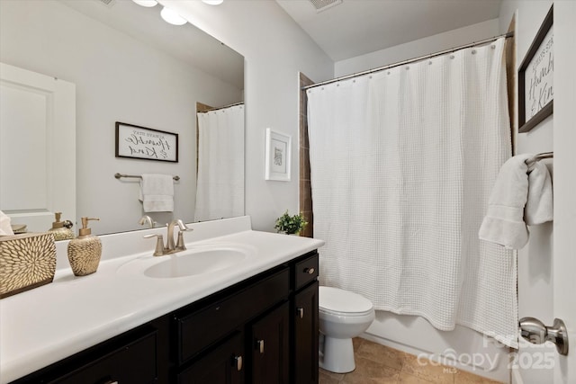 bathroom with vanity, shower / bathtub combination with curtain, visible vents, and toilet