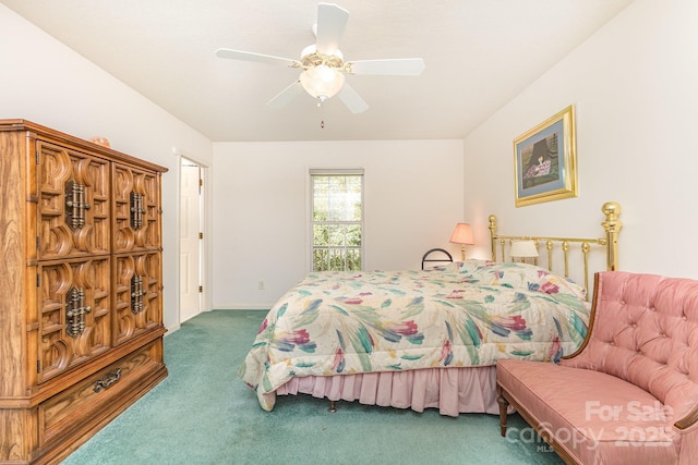 carpeted bedroom featuring a ceiling fan and baseboards