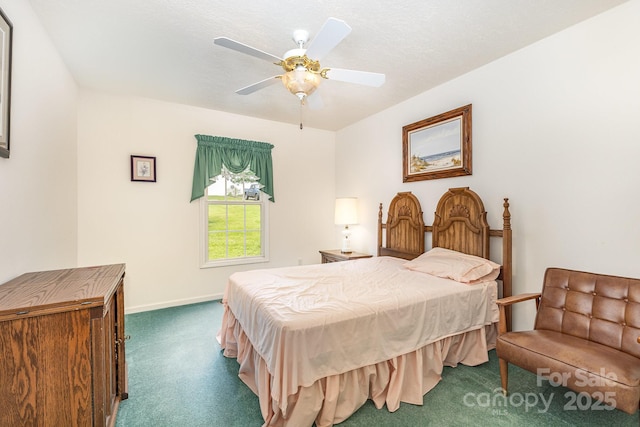 bedroom featuring carpet, baseboards, and a ceiling fan