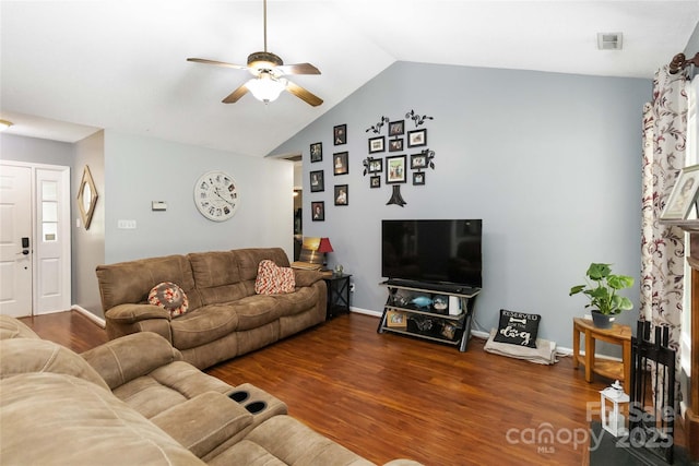 6736 Raeburn Ln, Charlotte, NC 28227 - living area with ceiling fan, baseboards, wood finished floors, lofted ceiling, and visible vents