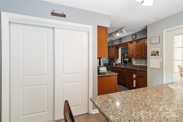 6736 Raeburn Ln, Charlotte, NC 28227 - kitchen with a ceiling fan, dark tile patterned floors, dark stone counters, rail lighting, and a sink