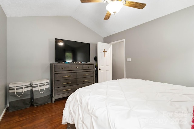 6736 Raeburn Ln, Charlotte, NC 28227 - bedroom featuring baseboards, a ceiling fan, dark wood-style floors, and lofted ceiling