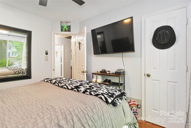 6736 Raeburn Ln, Charlotte, NC 28227 - bedroom featuring ceiling fan and wood finished floors