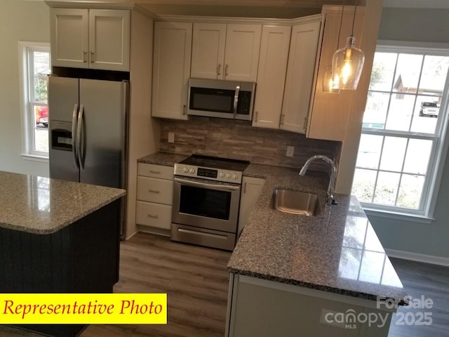 kitchen with a sink, decorative backsplash, appliances with stainless steel finishes, and wood finished floors