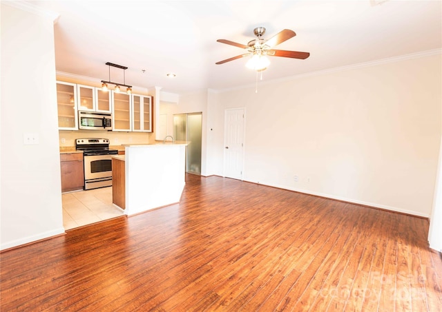 525 N Graham St Unit 3F, Charlotte, NC 28202 - kitchen with ceiling fan, light countertops, light wood finished floors, glass insert cabinets, and stainless steel appliances