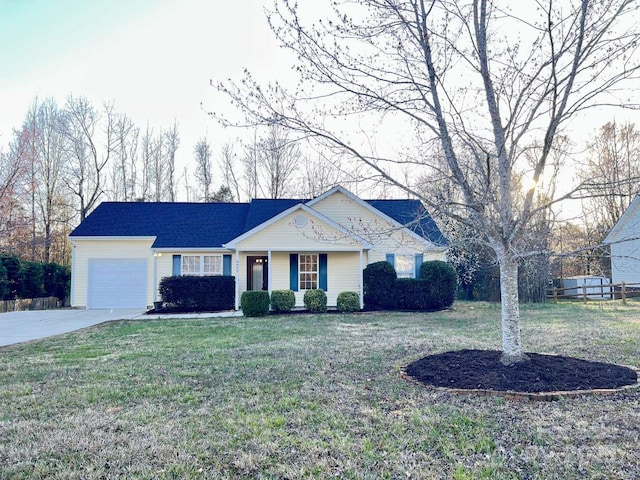 single story home with a porch, driveway, a front yard, fence, and an attached garage