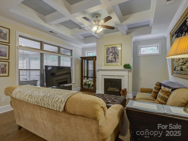 living area featuring crown molding, coffered ceiling, ceiling fan, and baseboards