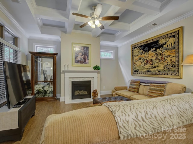 living area with a ceiling fan, coffered ceiling, beam ceiling, and a fireplace