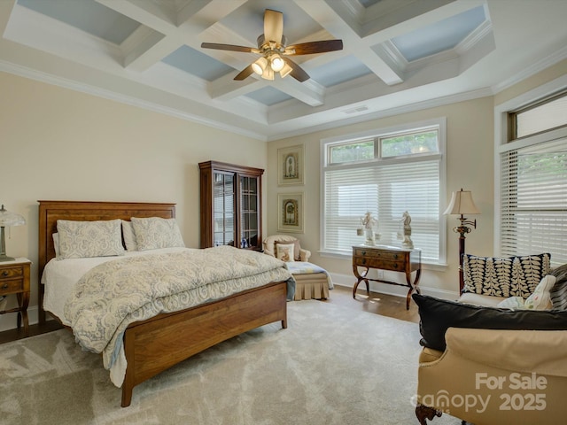 bedroom with visible vents, ornamental molding, beam ceiling, and coffered ceiling