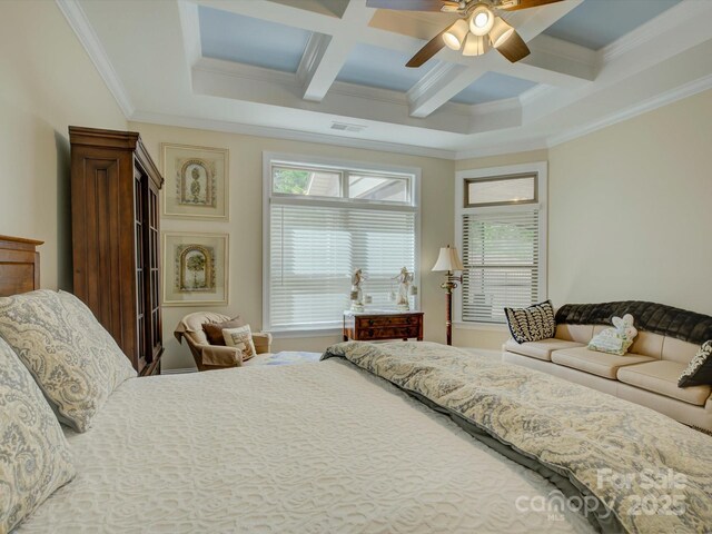 bedroom with ceiling fan, visible vents, crown molding, beam ceiling, and coffered ceiling