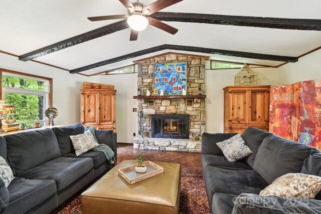 675 Terrys Gap Rd, Hendersonville, NC 28792 - living room featuring a ceiling fan and a fireplace