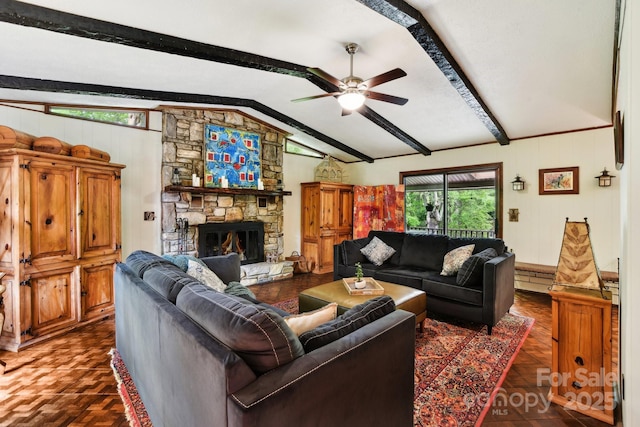 675 Terrys Gap Rd, Hendersonville, NC 28792 - living room with a ceiling fan and a stone fireplace
