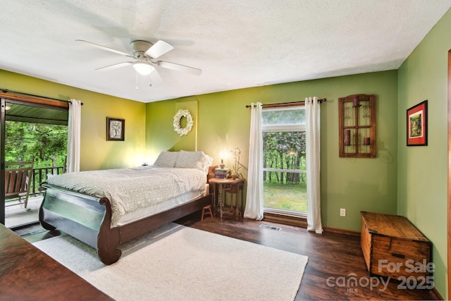 675 Terrys Gap Rd, Hendersonville, NC 28792 - bedroom with access to exterior, multiple windows, dark wood finished floors, a ceiling fan, and a textured ceiling