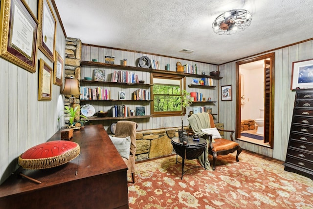 675 Terrys Gap Rd, Hendersonville, NC 28792 - office space with a textured ceiling, ornamental molding, and wood walls