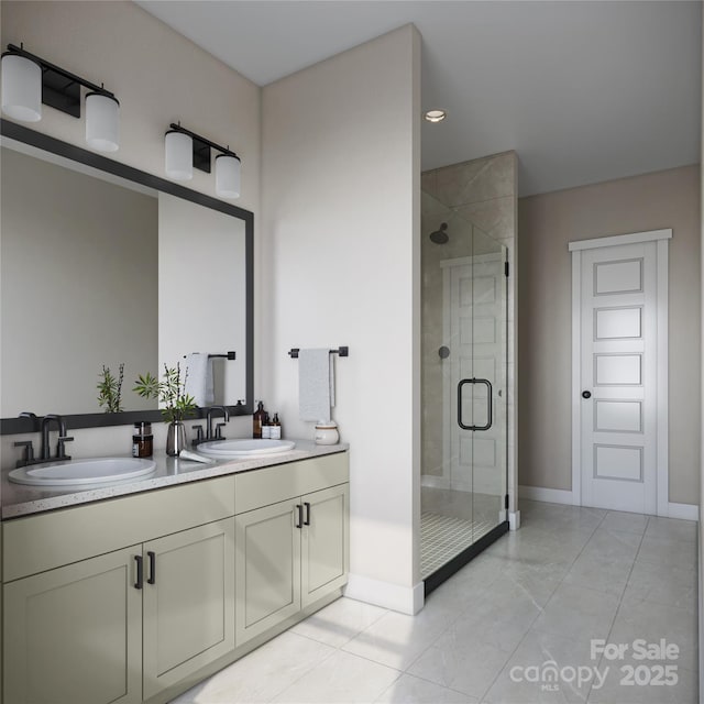 808 Garringer Pl, Charlotte, NC 28208 - full bath featuring a sink, double vanity, a stall shower, and baseboards