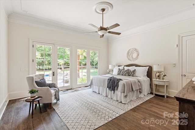 bedroom with baseboards, multiple windows, ornamental molding, and access to exterior