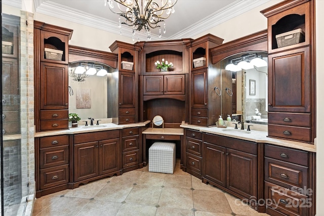 full bathroom with ornamental molding, a chandelier, and two vanities