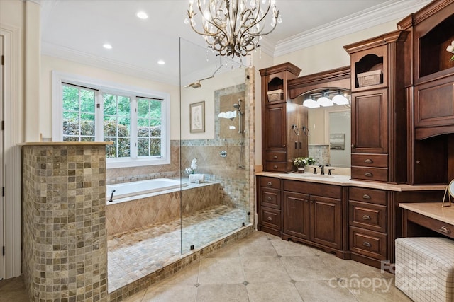 bathroom with crown molding, tile patterned flooring, a shower stall, and a notable chandelier