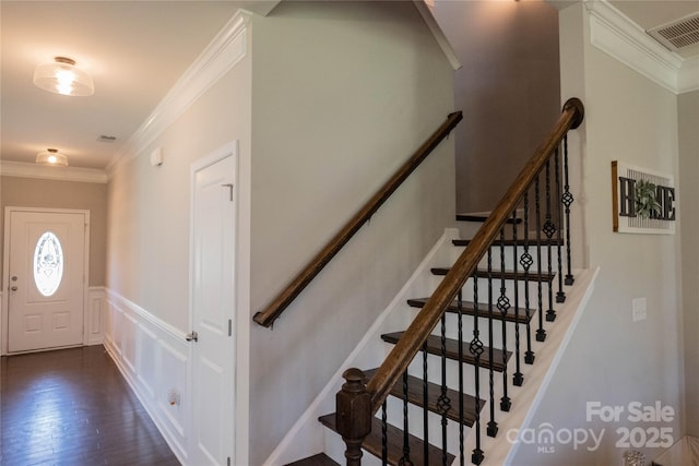 217 Hydrangea Dr, Clover, SC 29710 - entryway with wainscoting, visible vents, ornamental molding, and wood finished floors