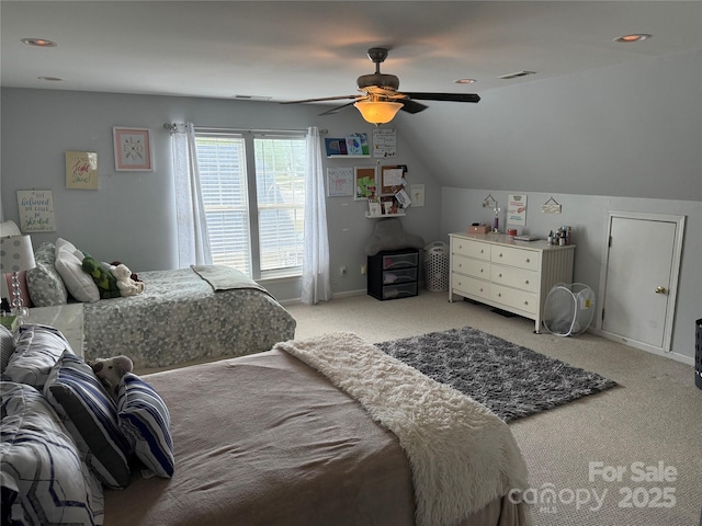 12244 Wallace Ridge Dr, Charlotte, NC 28269 - bedroom with ceiling fan, light carpet, visible vents, baseboards, and vaulted ceiling