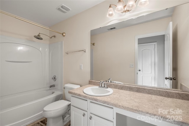 full bath with vanity, bathtub / shower combination, toilet, and visible vents