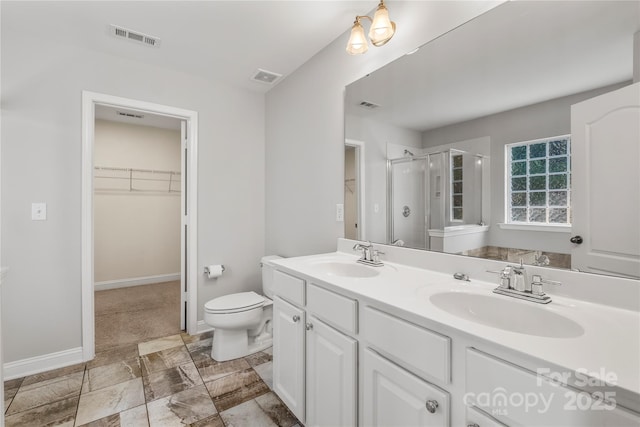 full bathroom with visible vents, a sink, and a stall shower