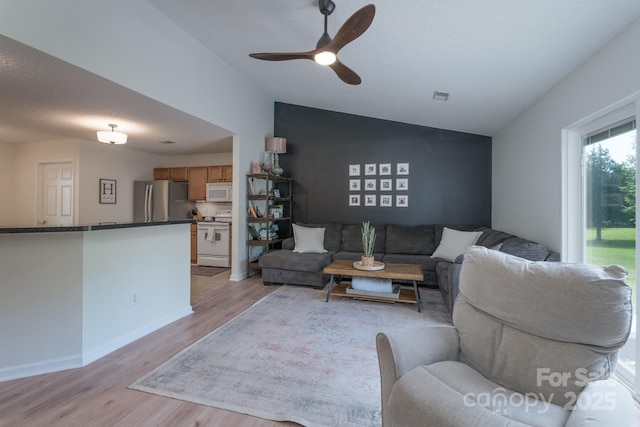 744 Chipmeadow Ln, York, SC 29745 - living room featuring lofted ceiling, light wood-style flooring, ceiling fan, and baseboards