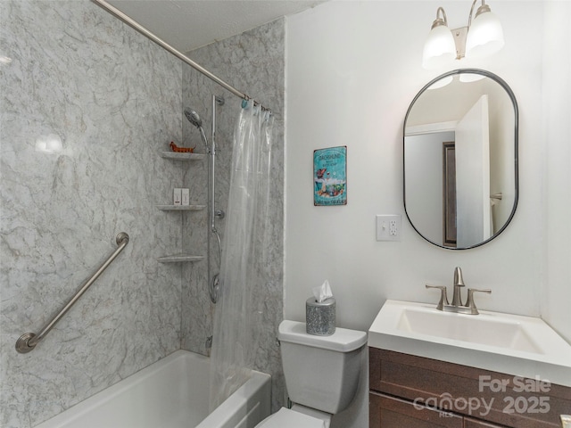 bathroom featuring shower / bath combo with shower curtain, toilet, and vanity