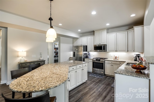 kitchen featuring dark wood-style flooring, a sink, a center island, stainless steel appliances, and tasteful backsplash