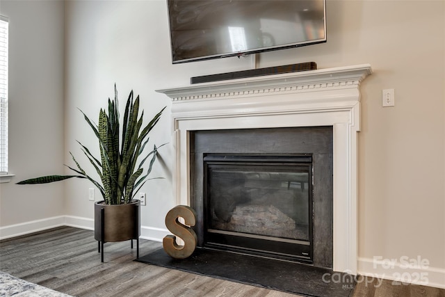 interior details with baseboards, a glass covered fireplace, and wood finished floors