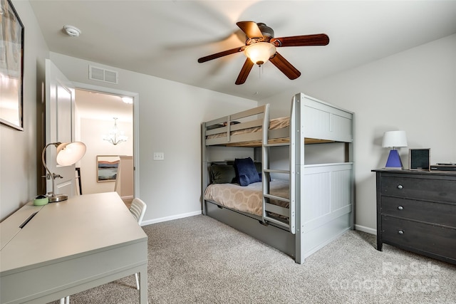 bedroom with visible vents, baseboards, ceiling fan, and light carpet