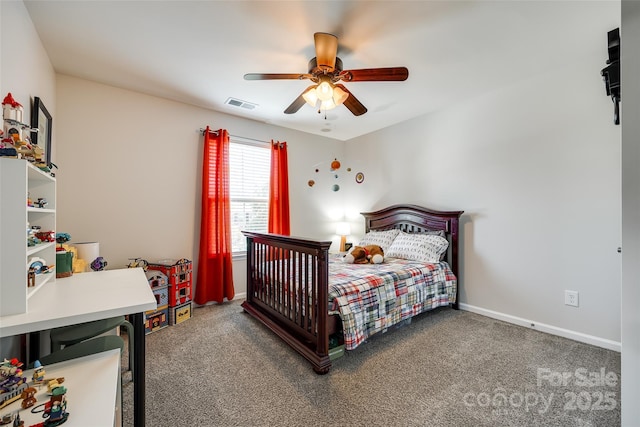 bedroom with carpet floors, baseboards, a ceiling fan, and visible vents