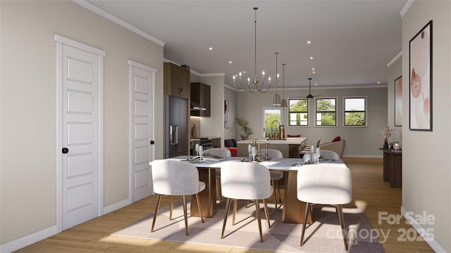 dining area featuring baseboards, a chandelier, ornamental molding, and light wood-type flooring
