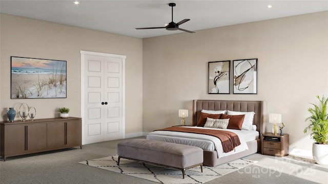 bedroom with a ceiling fan, recessed lighting, and carpet