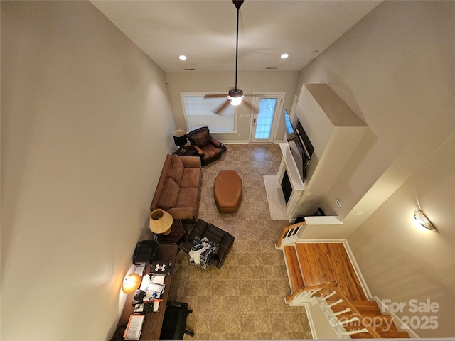 living room with recessed lighting