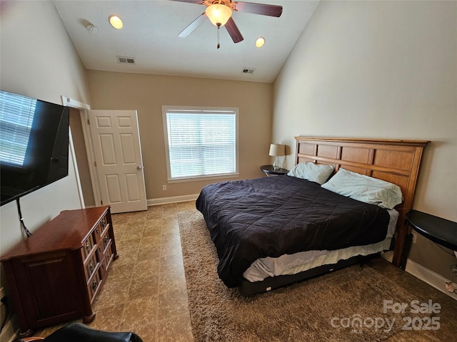 bedroom with baseboards, visible vents, ceiling fan, and vaulted ceiling