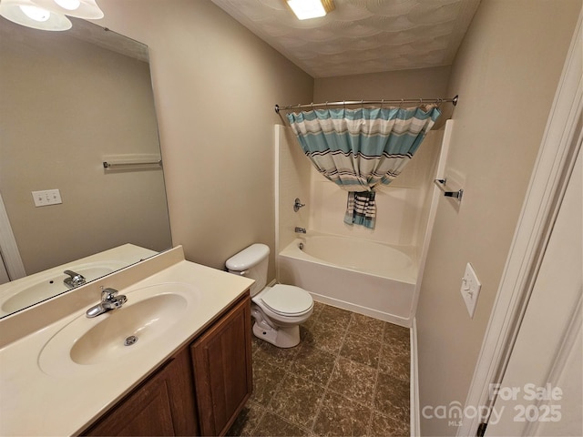 full bathroom with toilet, shower / bath combo with shower curtain, and vanity