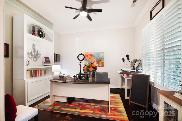 office with a wealth of natural light, ornamental molding, ceiling fan, and dark wood-style floors