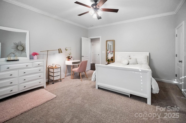 bedroom featuring carpet flooring, crown molding, baseboards, and ceiling fan