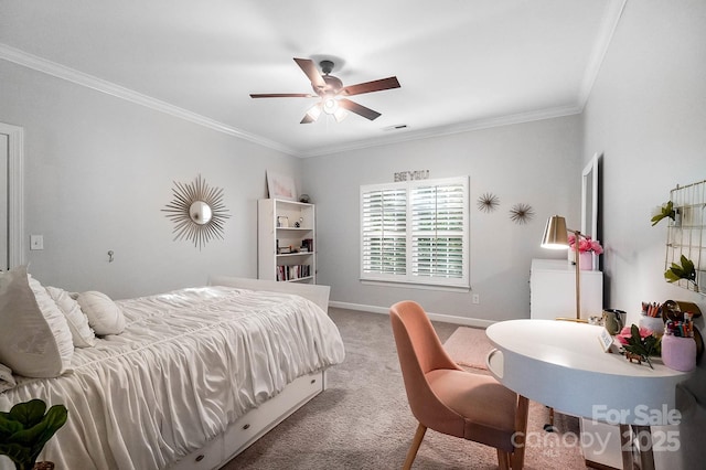 carpeted bedroom featuring crown molding, baseboards, and a ceiling fan