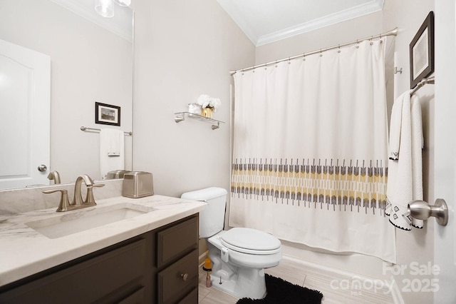 bathroom with toilet, shower / bath combo, crown molding, tile patterned flooring, and vanity