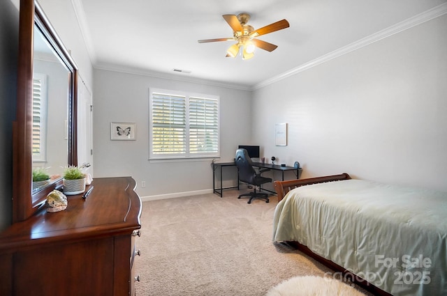 bedroom featuring light colored carpet, ornamental molding, baseboards, and visible vents