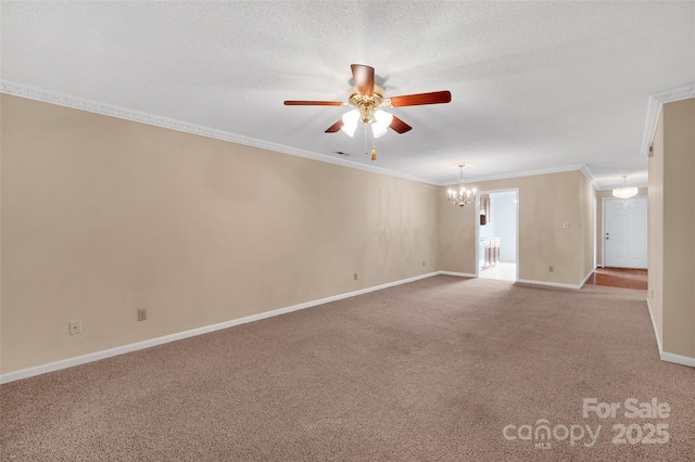 empty room with crown molding, baseboards, a textured ceiling, carpet, and ceiling fan with notable chandelier