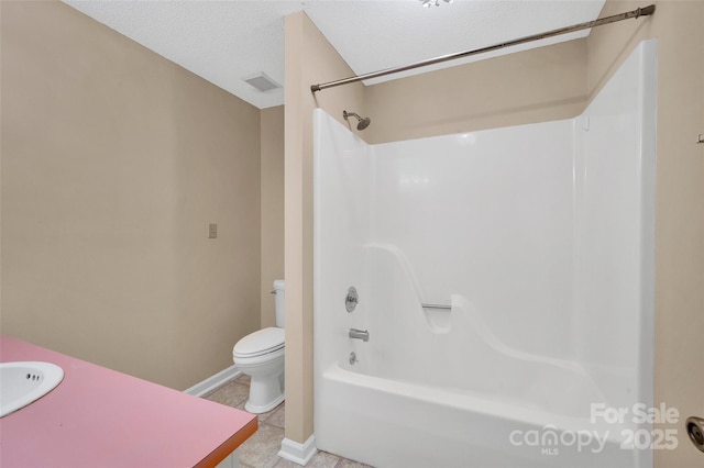 bathroom featuring visible vents, tub / shower combination, toilet, baseboards, and tile patterned floors