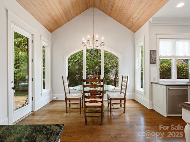 dining room featuring an inviting chandelier, wooden ceiling, vaulted ceiling, and dark wood-type flooring